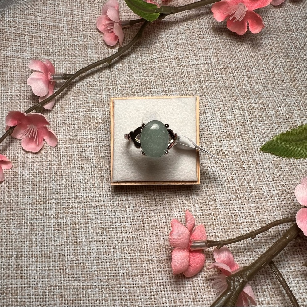 Size 10 | Silver Boho Gemstone Ring – Large Oval Green Jade, Chunky Statement